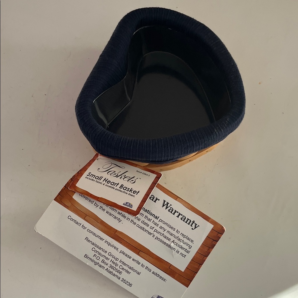 Taskets Small Heart Basket with Navy cloth and clear plastic liners